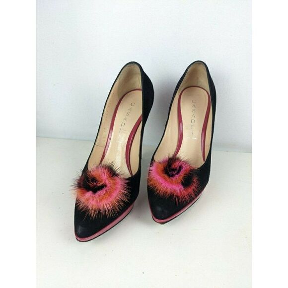Casadei heels black pink suede ultra high sexy platform fur pompom sz 7 - Picture 7 of 12